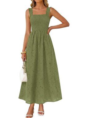 🆕 Women's Army Green Boho Sleeveless Square Neck Cotton Flowy Long Maxi Dress
